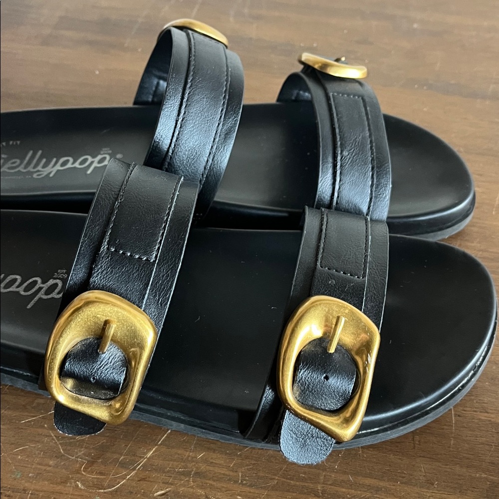 💫Jellypop brand Black Double-Strap Sandal Slides with Modern Gold Buckles💫 - Picture 4 of 9